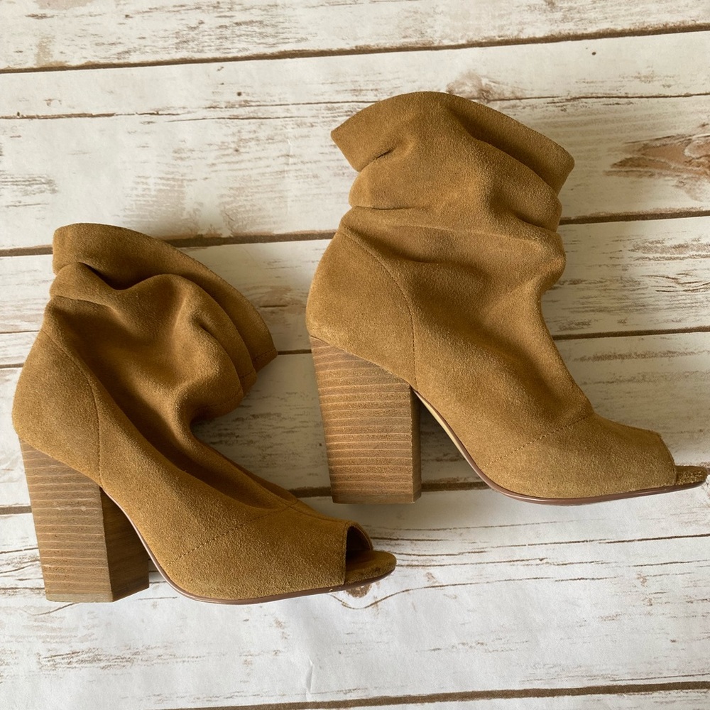 Chinese Laundry Laurel Peep Toe Booties by Kristin Cavallari in Camel.